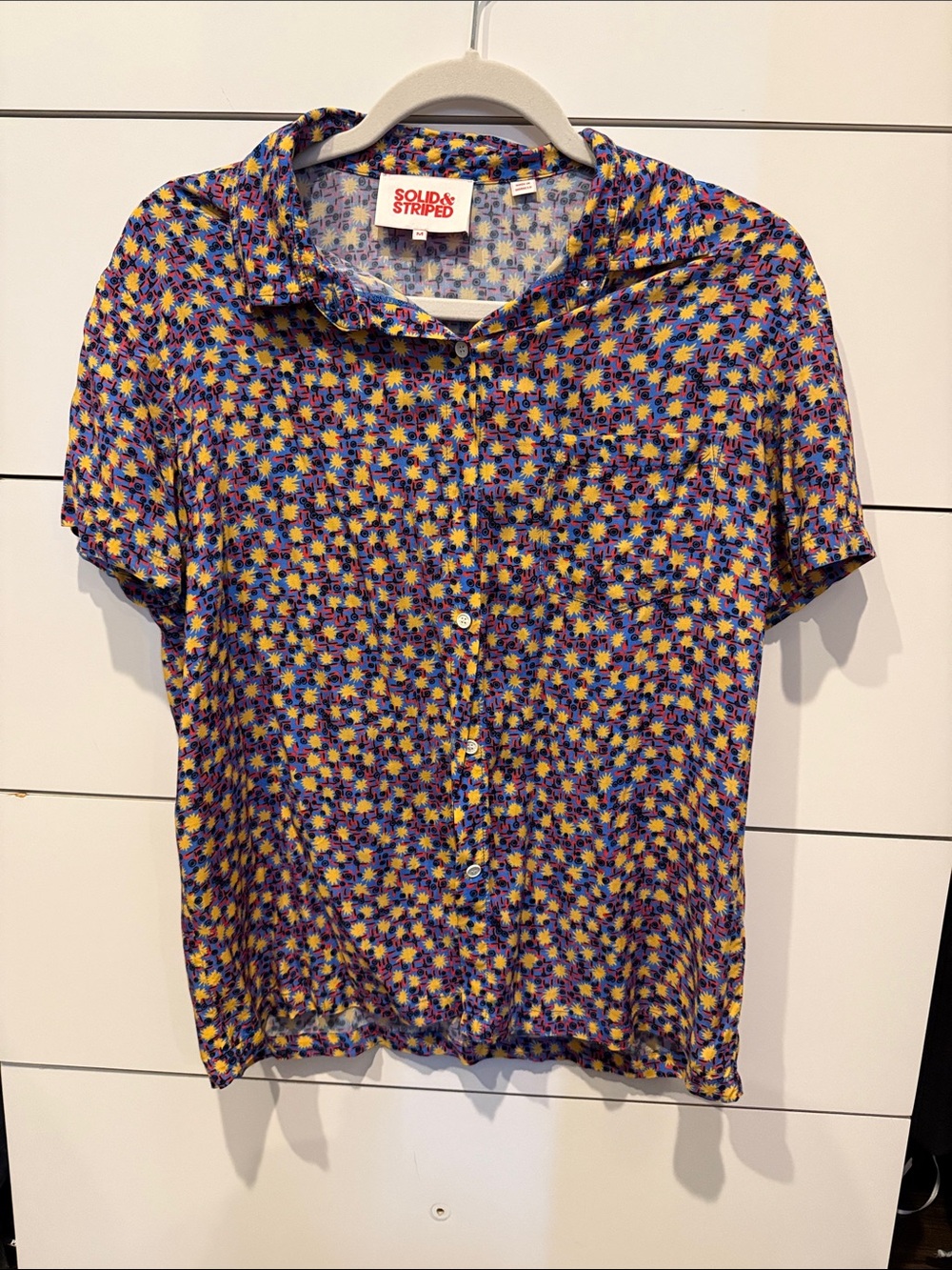 SOLID & STRIPED Short Sleeve Button Shirt - Blue, Yellow & Purple Floral